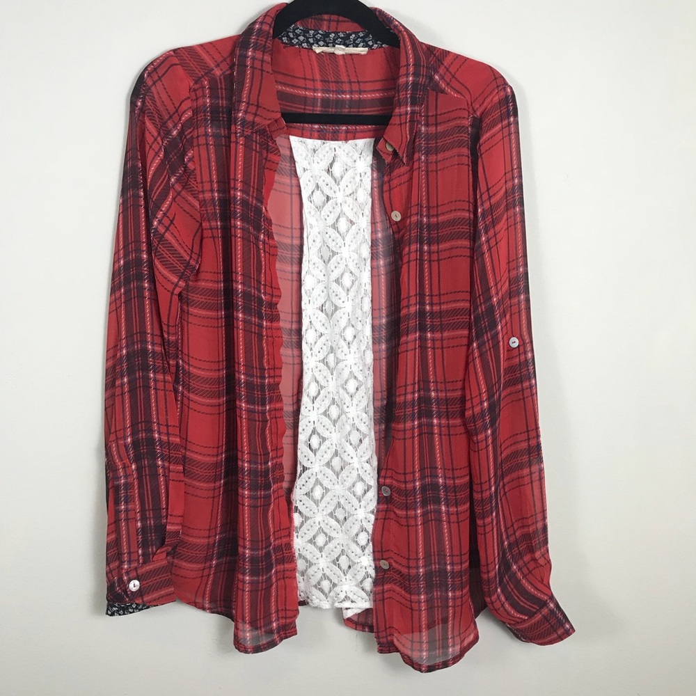 Altar’d State Sheer Red Plaid Long Sleeve Top